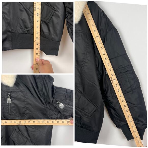 NVLT x Anthropologie Faux Fur Collar Bomber Jacket L Black Aviator Camo lined - Picture 9 of 10